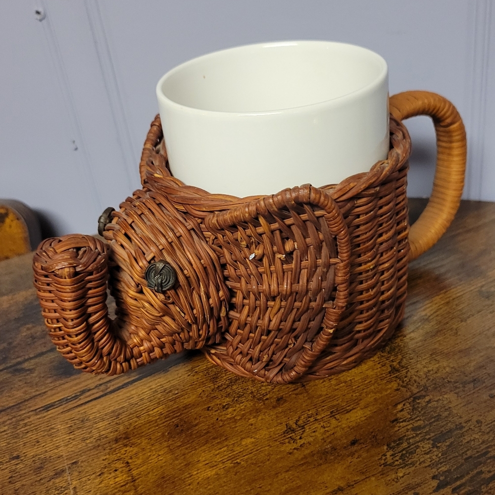 Vintage Avon Elephant Wicker Mug with White Ceramic Insert-white/brown
